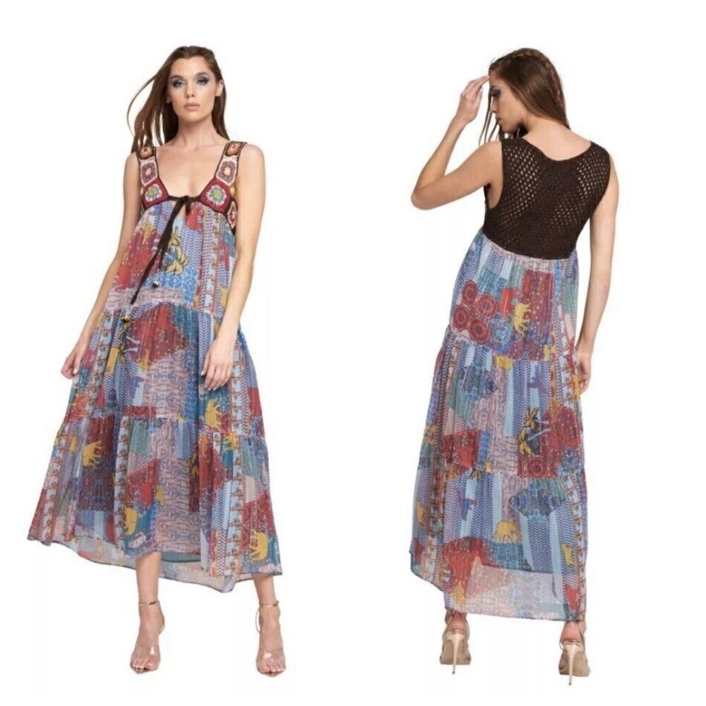 Aratta Silent Journey Felicity Multicolor Sleeveless Crocheted Maxi Dress Sz XS